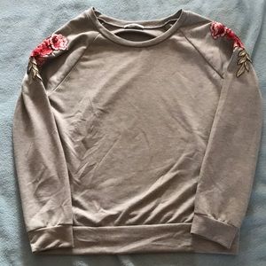 Grey Rose Embroidery Crewneck Pullover